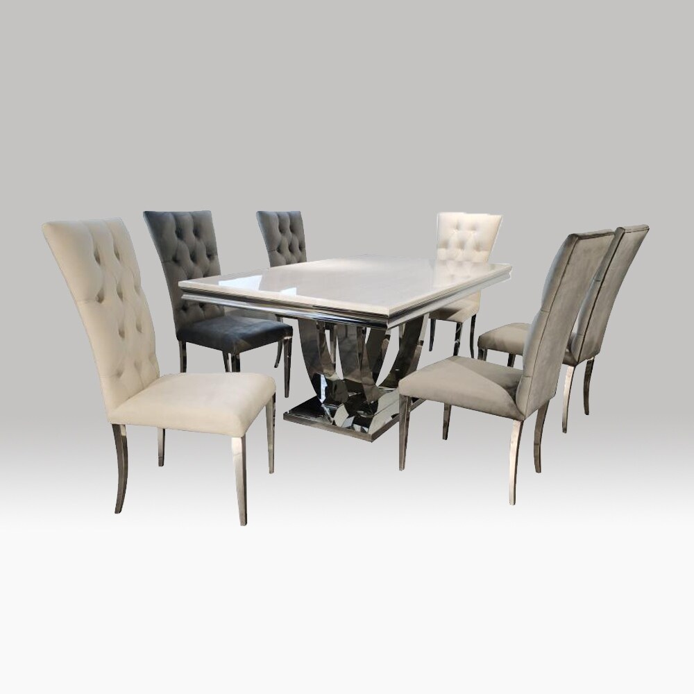 Rectangle Faux Marble Top Dining Table in White and Chrome