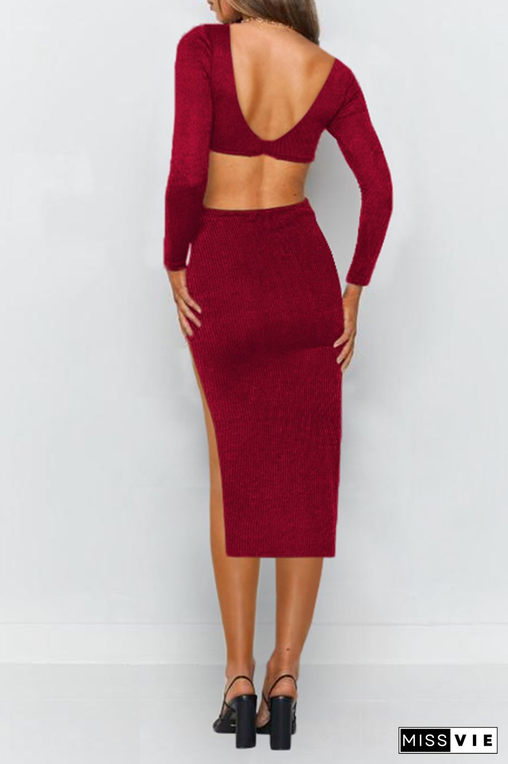 Elegant Solid Hollowed Out Backless Slit V Neck Pencil Skirt Dresses