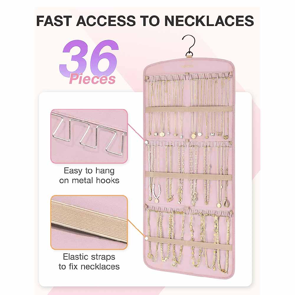 Jewelry Organizer, Hanging Double Sided Jewelry Storage Bag for Necklace Earrings Ring, Pink