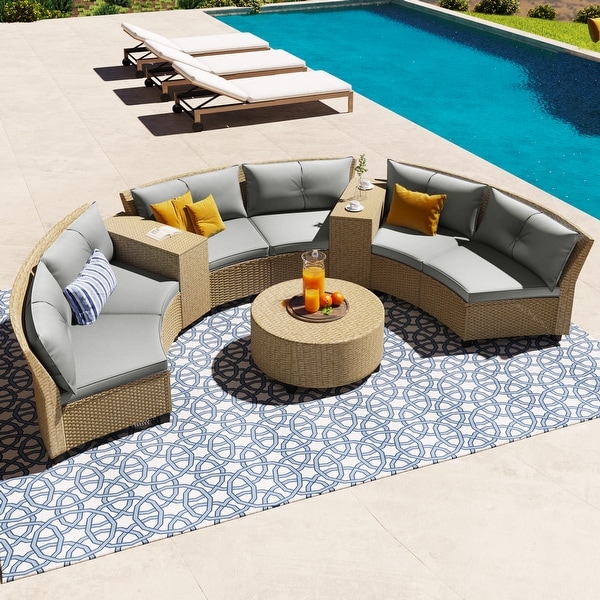 Patio Furniture Sets for 6，FanShaped All Weather Outdoor HDPE Rattan Sofa with Cushions and Table，Suitable for Garden，9Piece