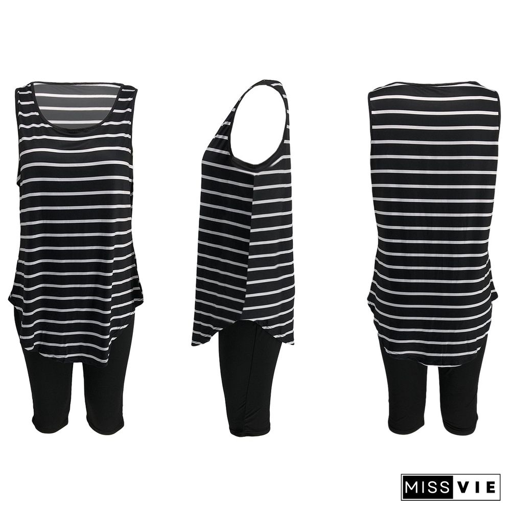 Fashion Stripe Round Neck Vest Five-minute Pants Two-piece Set