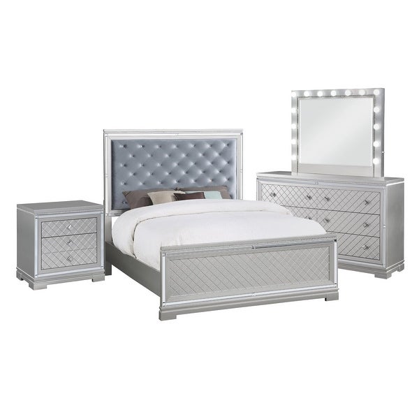 Upholstered California King Bedroom Set in Silver and Metallic Mercury - - 36135799