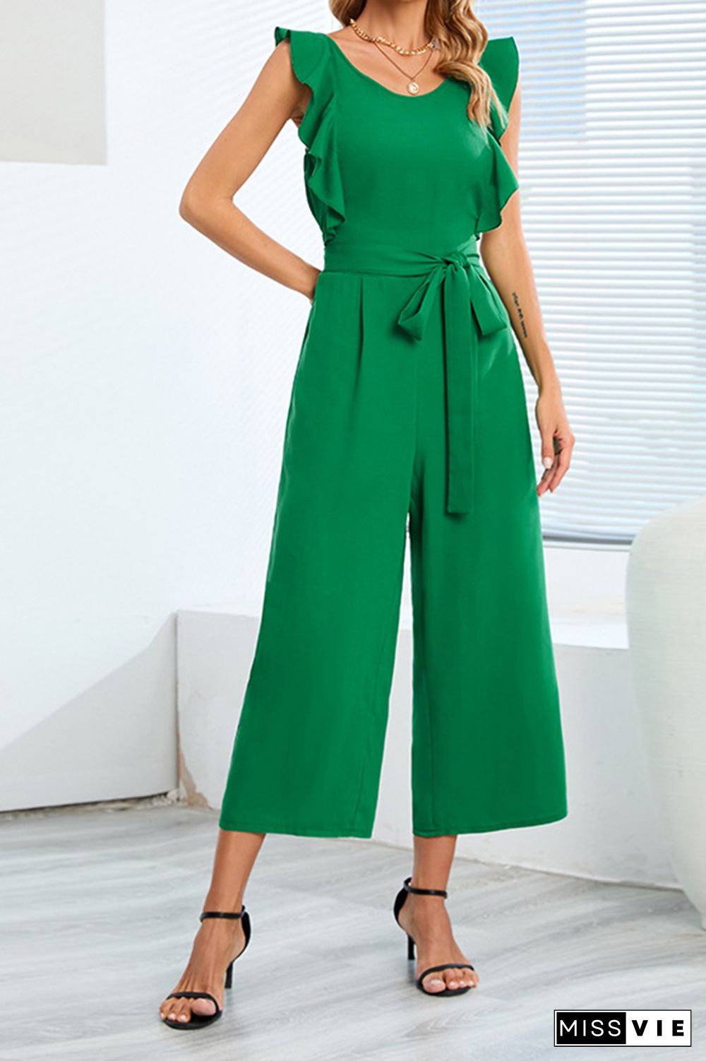 Plain Flutter Sleeveless Wide Leg Jumpsuit