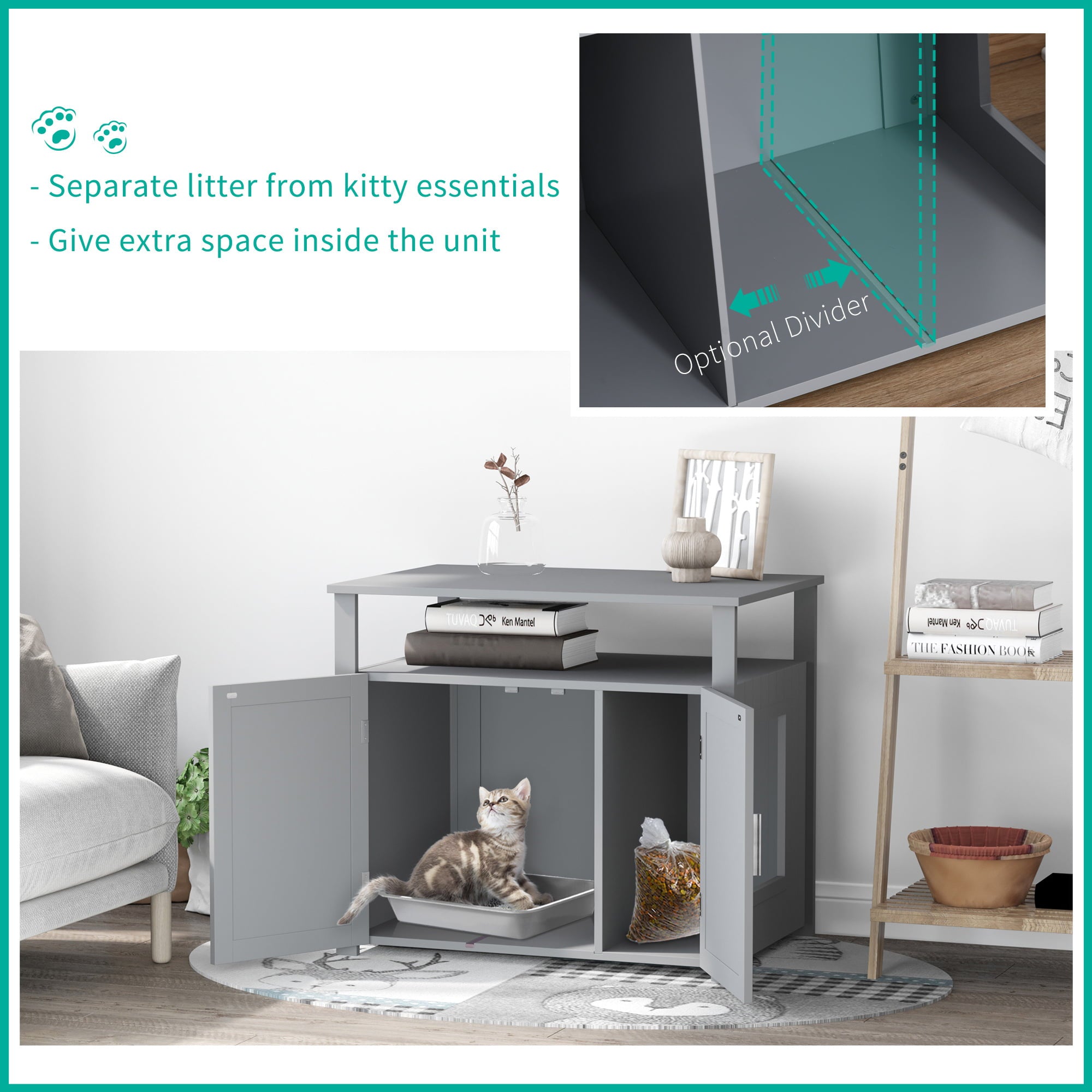 PawHut Wood Cat Litter Box Enclosure Furniture w/ Adjustable Interior Wall Grey