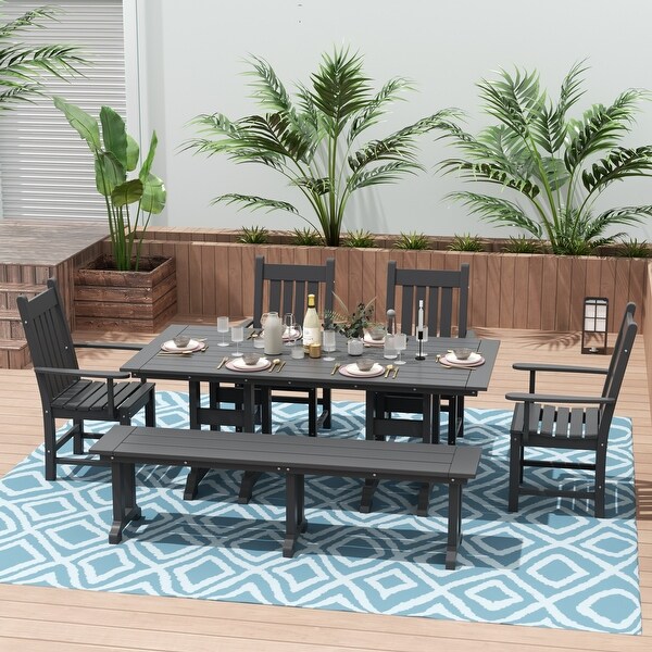 Polytrends Laguna Hdpe All Weather Outdoor Patio Dining Set with Rectangle Table，Arm Chairs and Bench (6Piece Set)