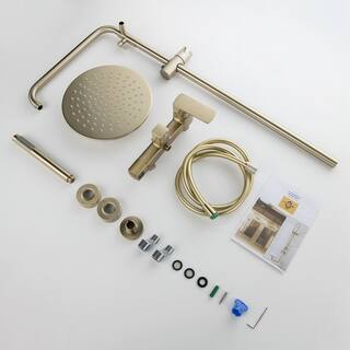 IHOMEadore 1-Spray Patterns with 1.8 GPM 10 in. Wall Mount Dual Shower Heads with Handheld Shower Head Set in Brushed Gold JK-RWST81005BG