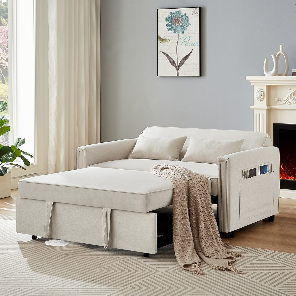 Modern Linen Convertible Loveseat Sleeper Sofa Couch with Adjustable Backrest  Pull Out Bed and 2 Lumbar Pillows  Ivory