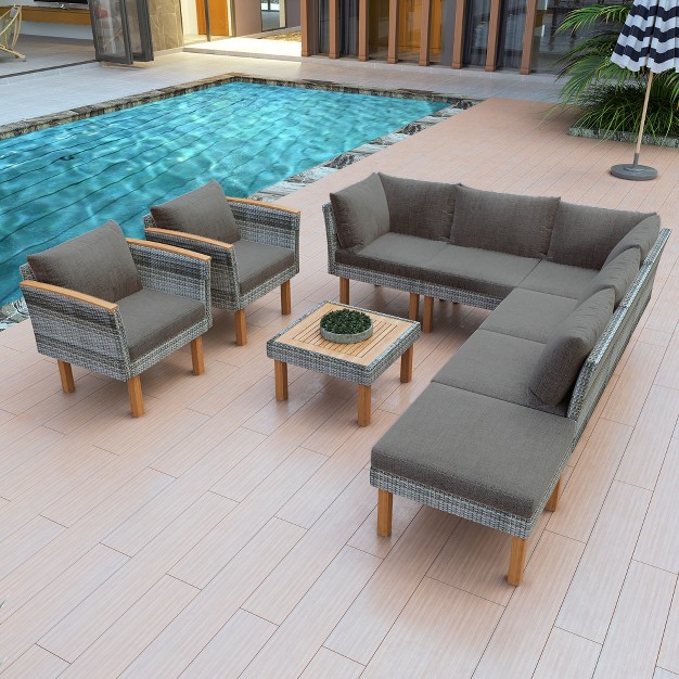 9 Pcs Outdoor Rattan Conversation Set Patio Sofa Set Seating Group With Coffee Table And Washable Cushion Gray modernluxe