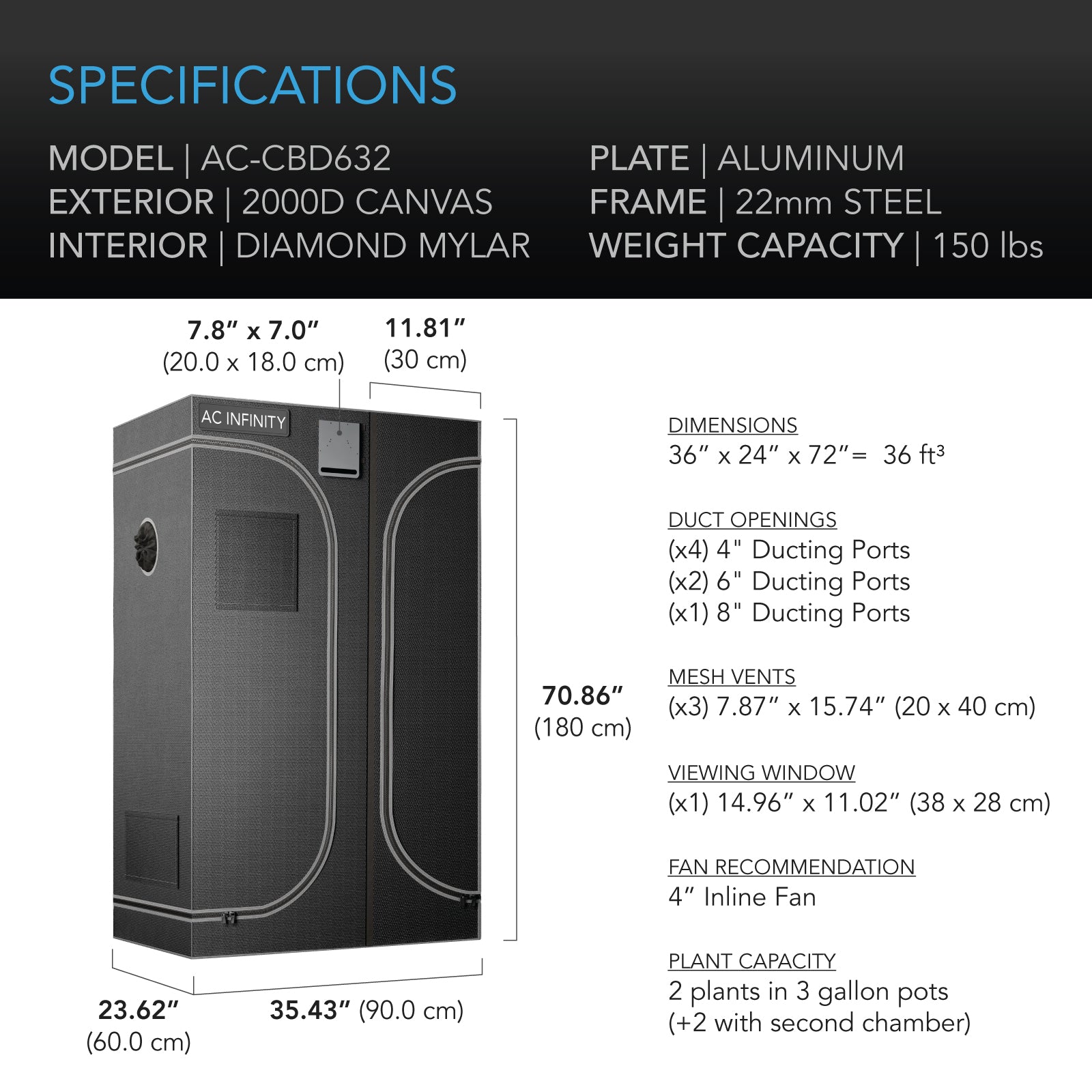 AC Infinity CLOUDLAB 632D 2-in-1 Advance Grow Tent， with Thicker 1 in. Poles， Higher Density 2000D Diamond Mylar Canvas， Controller Mount for Hydroponics Indoor Growing， 36” x 24” x 72”