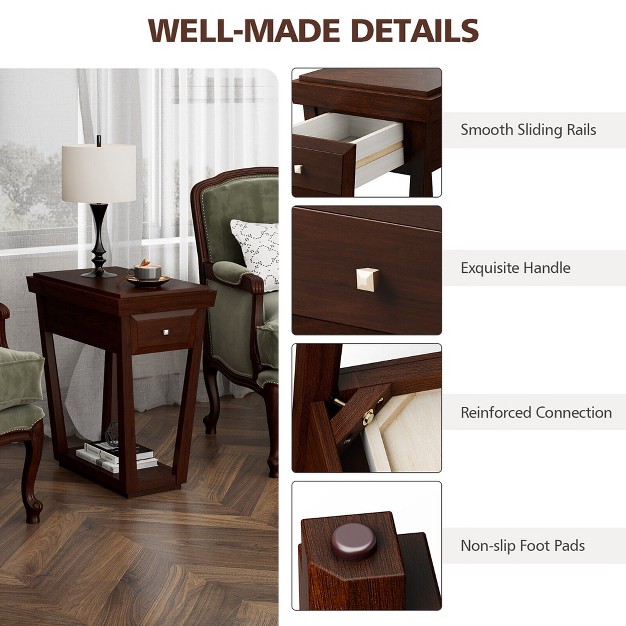 Tangkula 2 Tier End Side Table Nightstand With Drawer Shelf Rubber Wood Classic Espresso