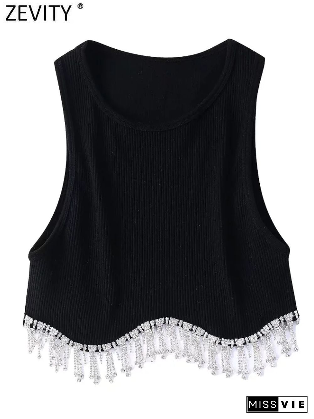 Women High Street Sexy Hem Tassel Diamond Beading Knitting T-Shirt Chic Short Camis Tank Lady Slim Crop Vest Tops Ls1311