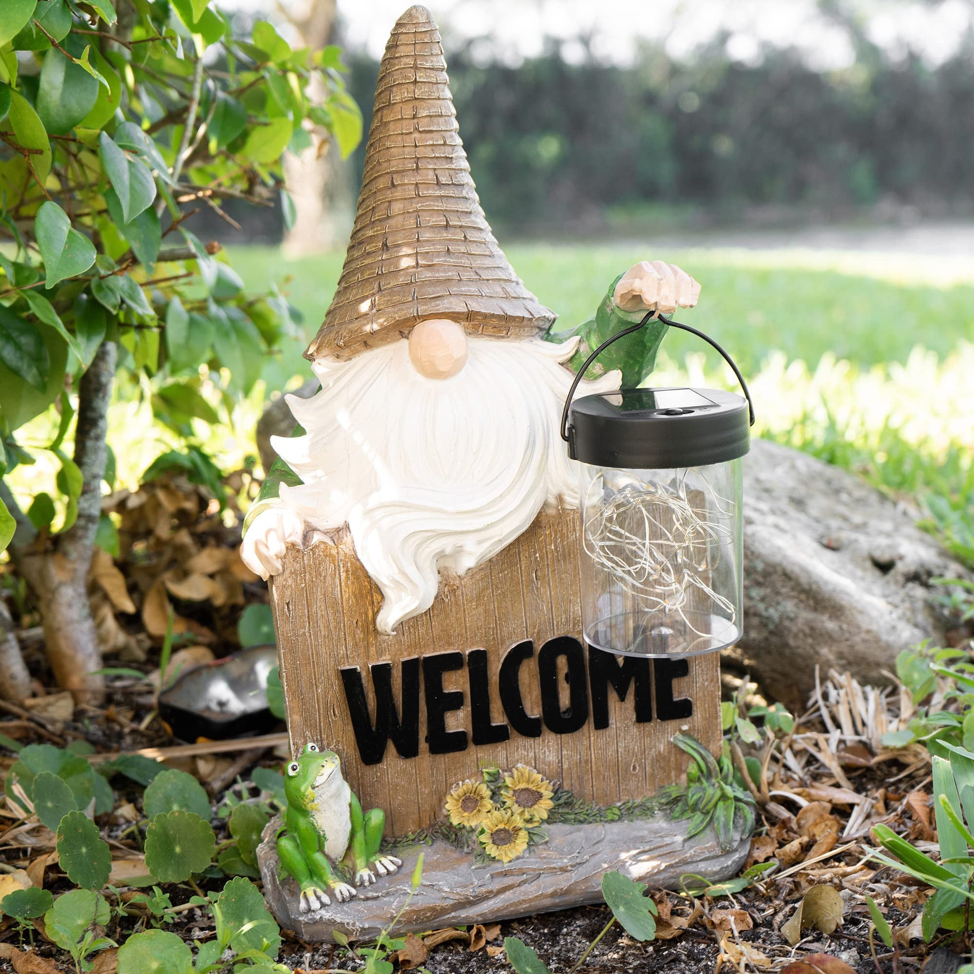 VP Home Welcome Gnome with Lantern and Frog Solar Powered LED Outdoor Decor Garden 13.5