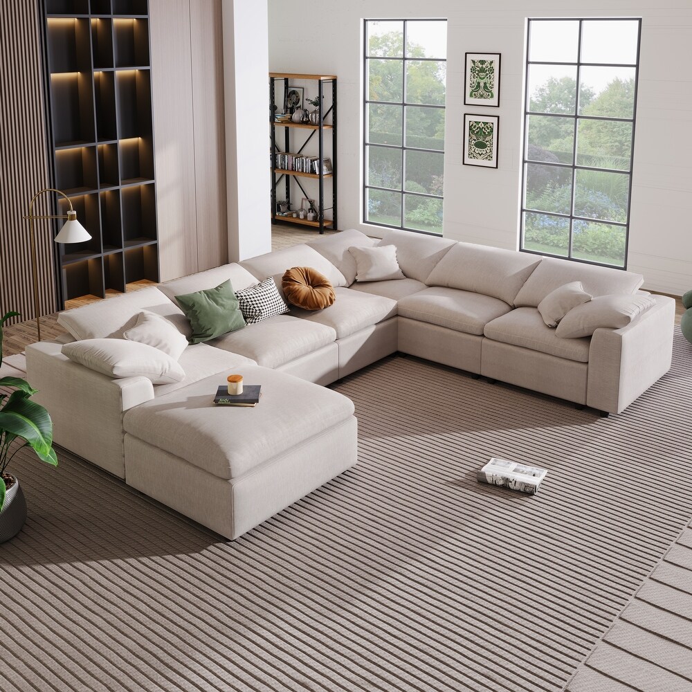 Oversized Sectional Sofa Modern Linen Fabric L Shaped Corner Sofas Set Reversible Chaise with Ottoman for Living Room