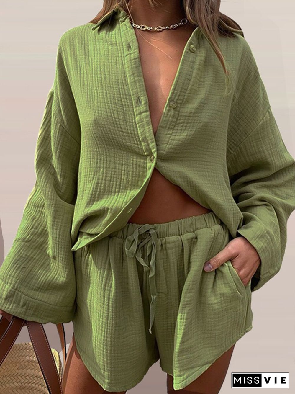 Elegant Lapel Single Breasted Loose Suit Solid Streetwear Outfit Women Long Sleeve Top & Shorts Cotton Linen Casual 2pc Set