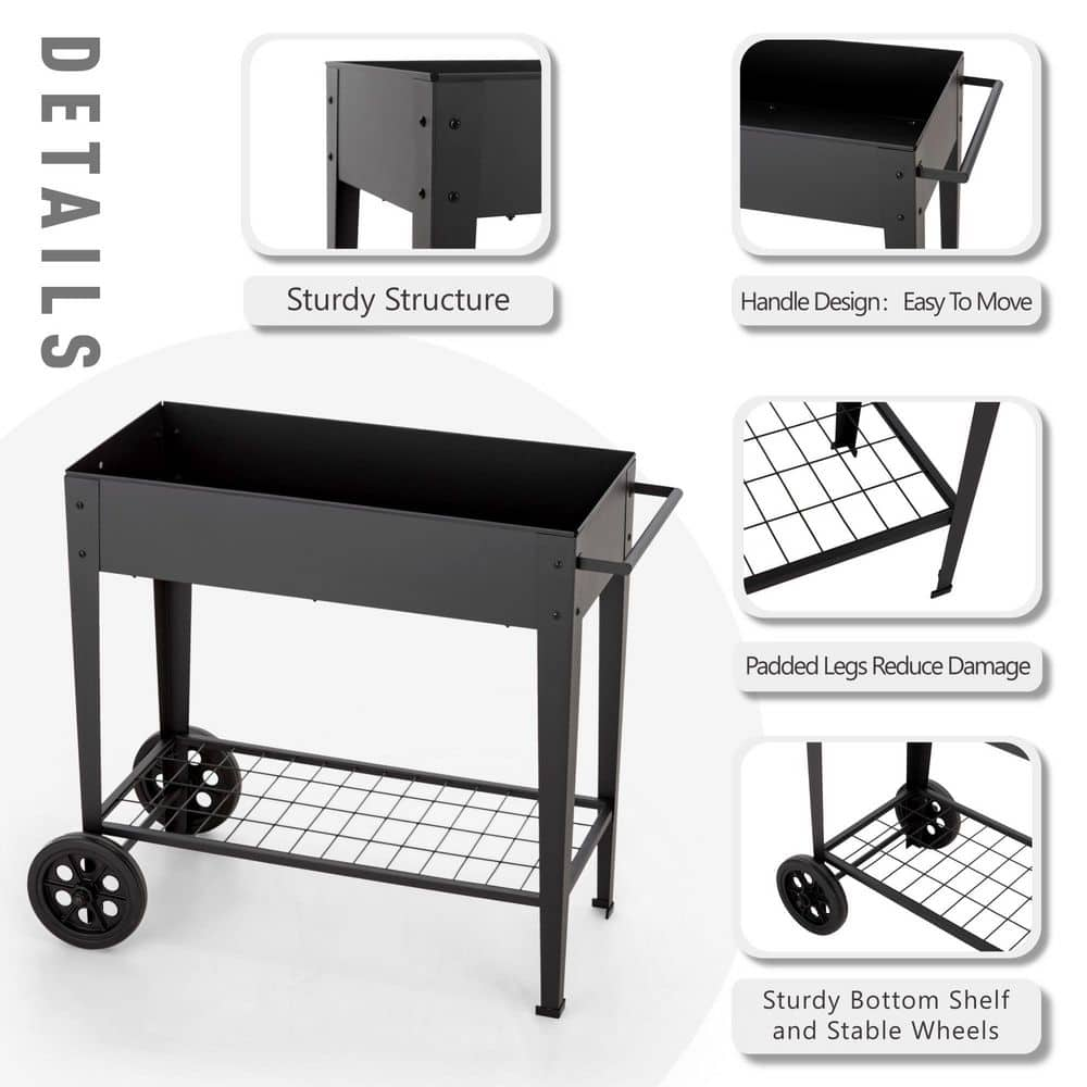 PHI VILLA Steel Elevated Garden Bed Raised Planter Box With Shelf and Wheels in Black THD-PV-430-B