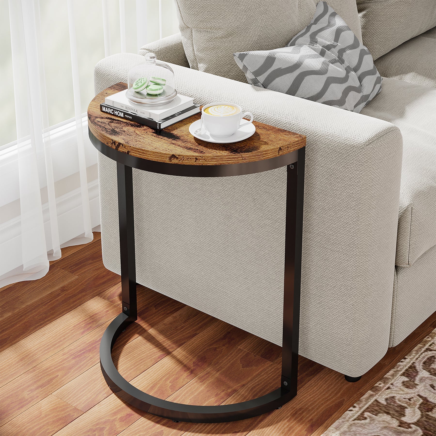 Half Round End Table, Narrow Side Table with Metal Frame