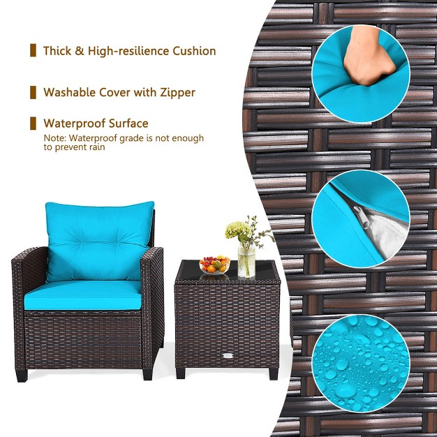 Tangkula 3pcs Outdoor Patio Rattan Conversation Set W Beige amp Turquoise Cushion