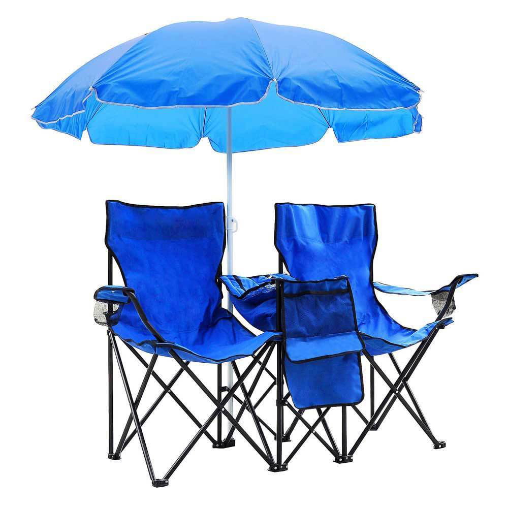 2-Seat Portable Outdoor Folding Chair with Removable Sun Umbrella Blue Beach Camping Chair