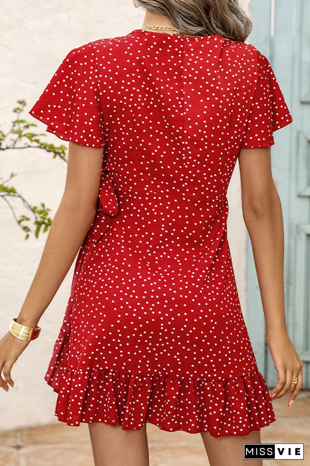 Polka Dot Print V Neck Short Dress Wholesale