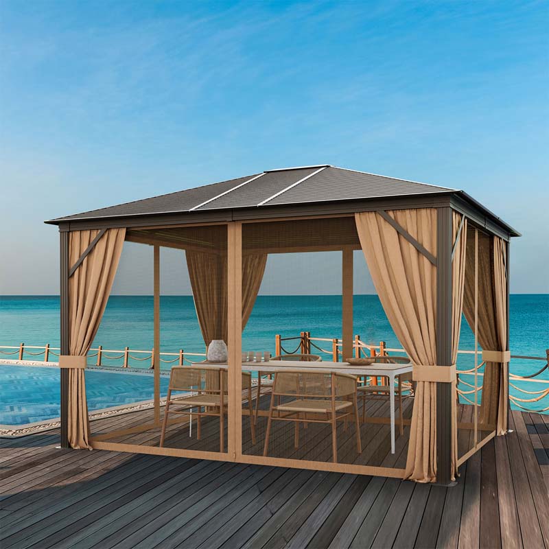 10 x 12 FT Hardtop Gazebo with Netting, Outdoor Patio Metal Gazebo with Galvanized Steel Roof