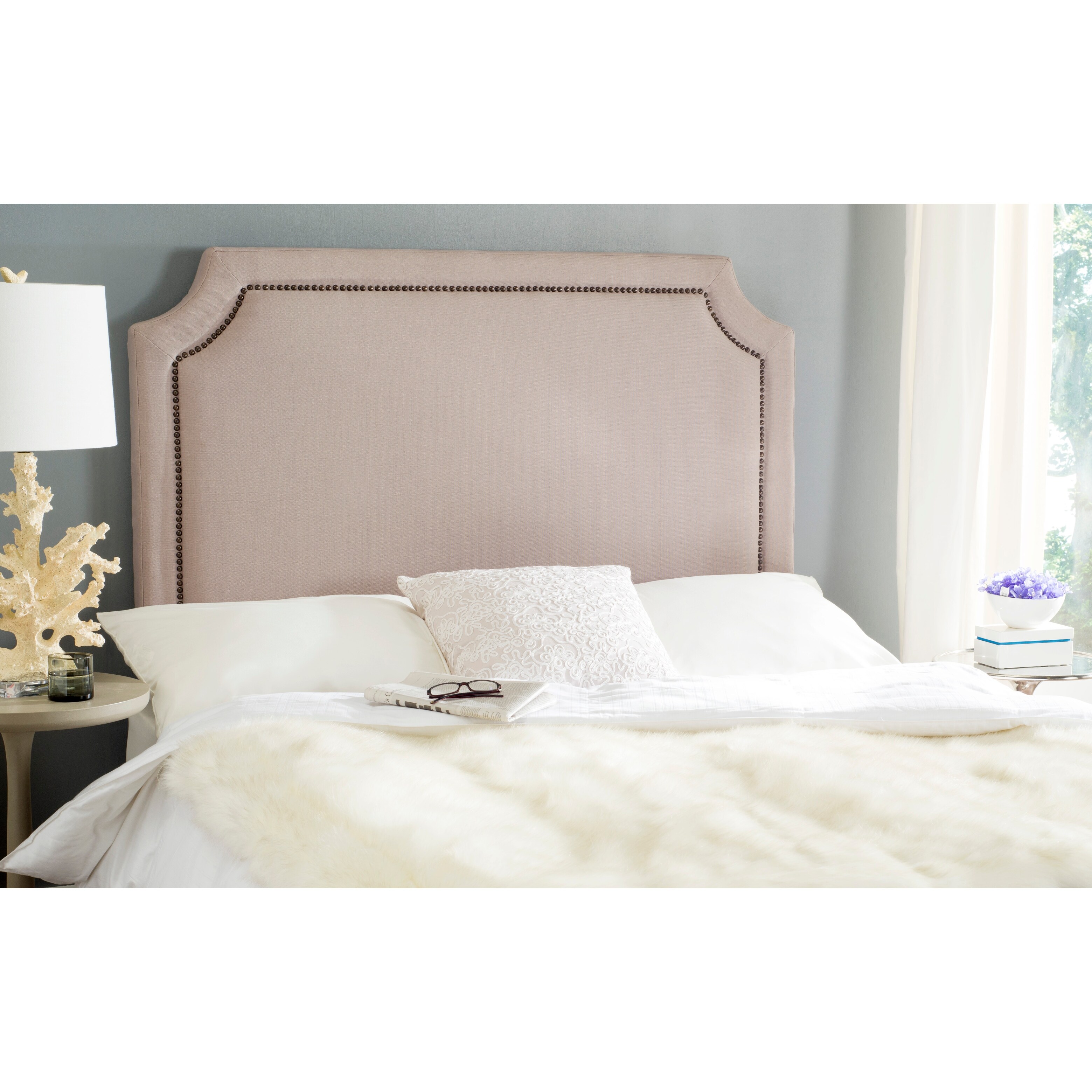 SAFAVIEH Shayne Taupe Linen Upholstered Headboard - Brass Nailhead (Queen) - - 7348242