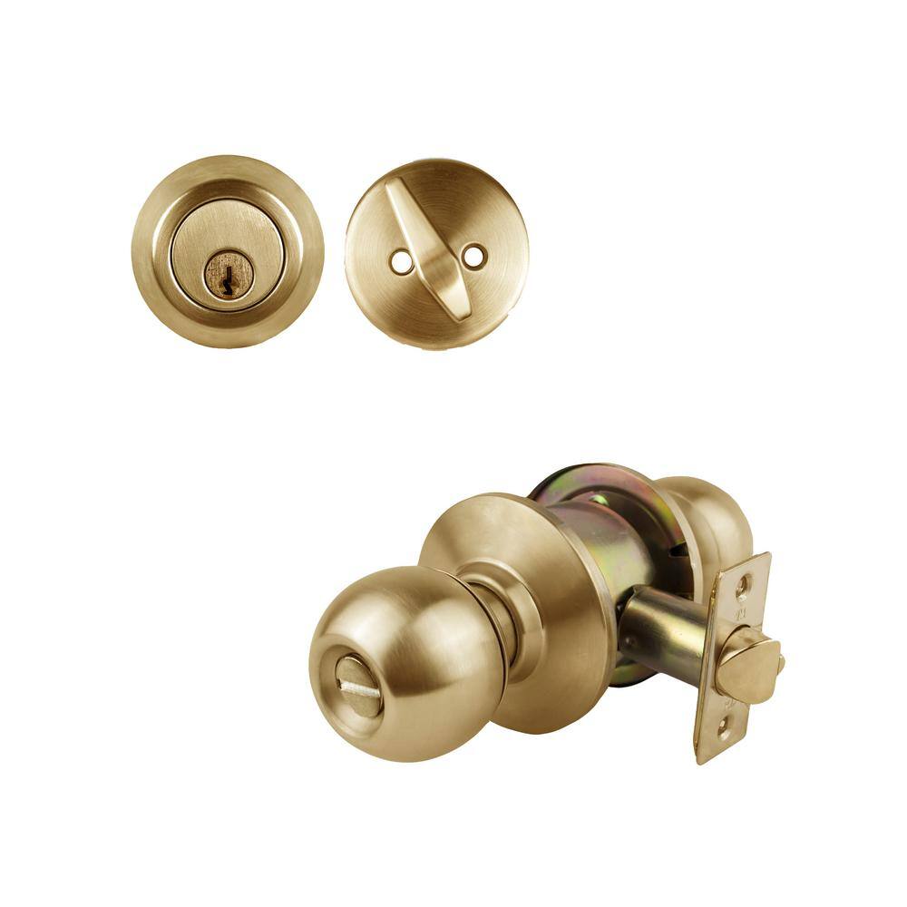 Taco ECB Brushed Brass Grade 3 Cylindrical Entry Door Knob 2-38 in Backset Lockset and Single Cylinder Deadbolt Combo Pack ECB53S238DBUS3