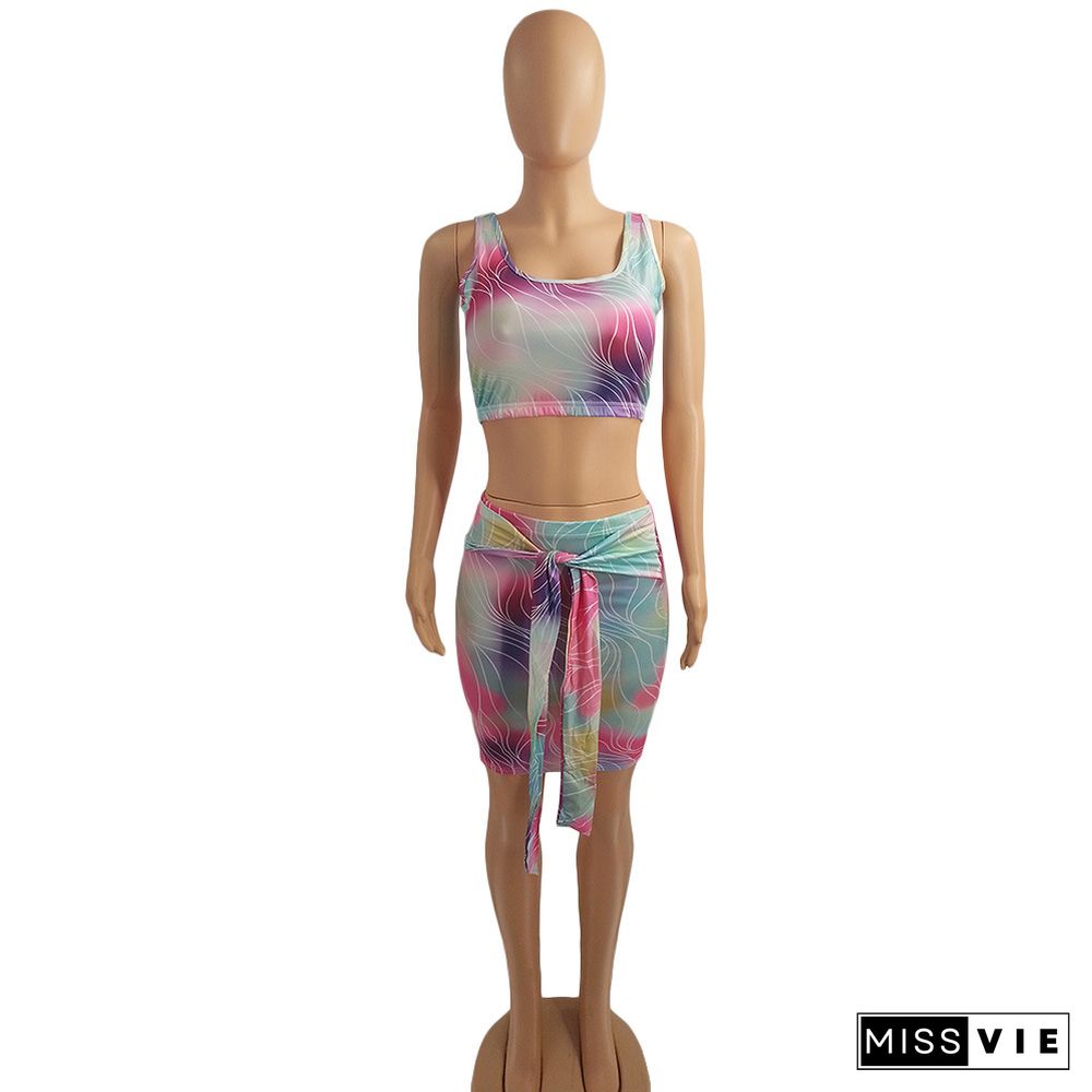 Tie Dye Print Tank Crop Tops Lace Up Skirt Suits