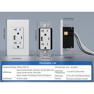 ELEGRP 30-Watt Type A  Type C USB Duplex Wall Outlet for PD and QC 20 Amp Receptacle wWall  Plate (1-Pack White) ER30WAC20-0101