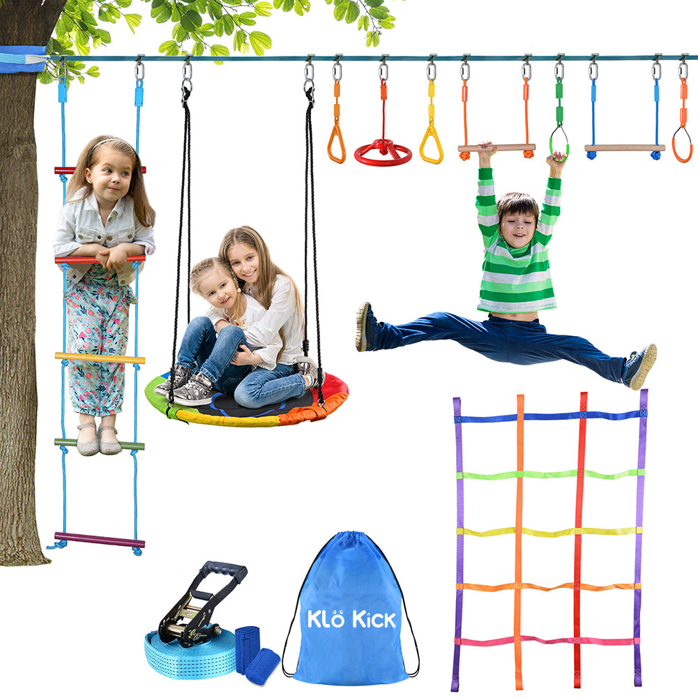 Jugader 50ft Ninja Warrior Hanging Obstacle Course Slackline Monkey Bars with Saucer Tree Swing Seat