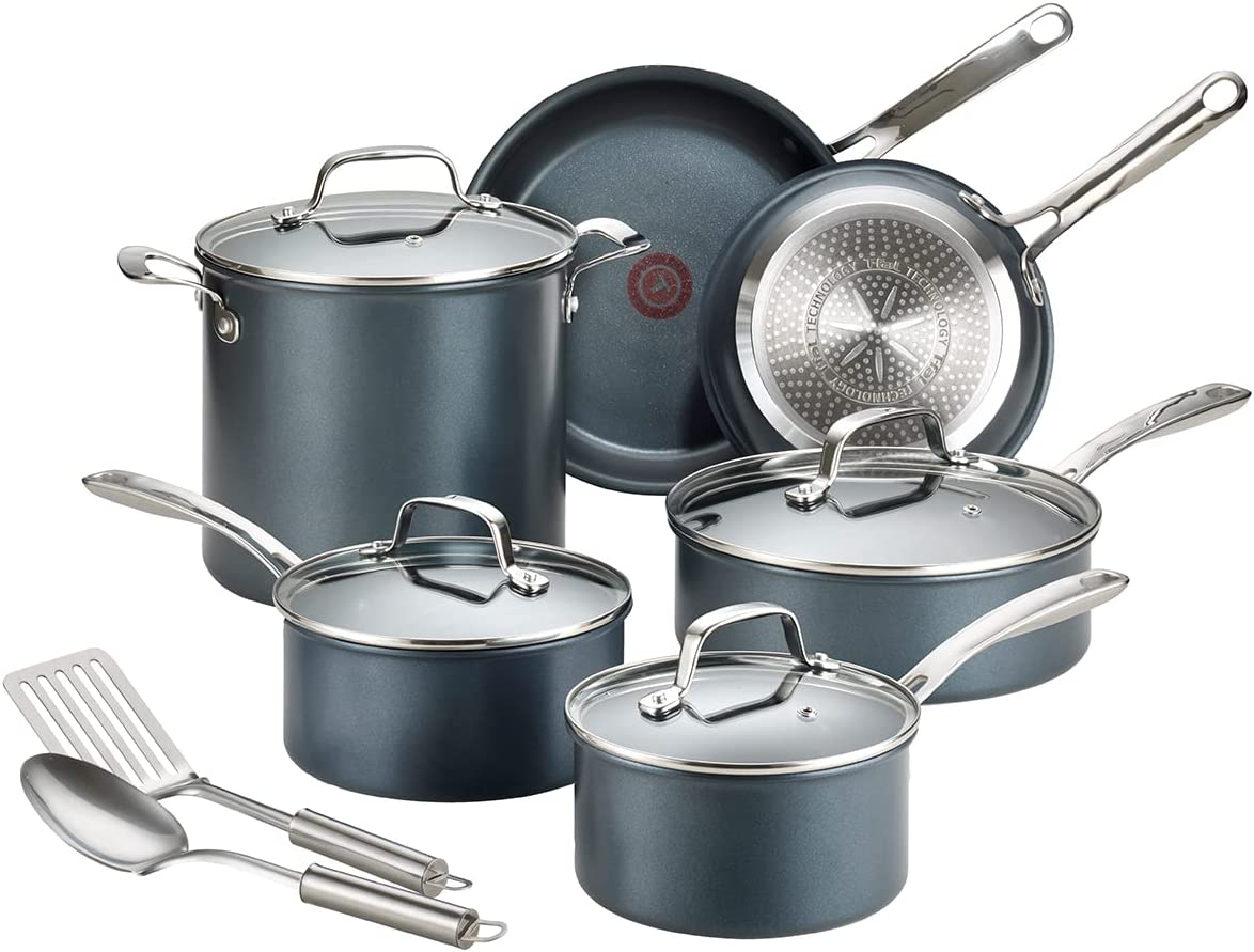 T-fal Unlimited Cookware Set with Durable， Platinum Nonstick Coating， 12 Piece， Gray