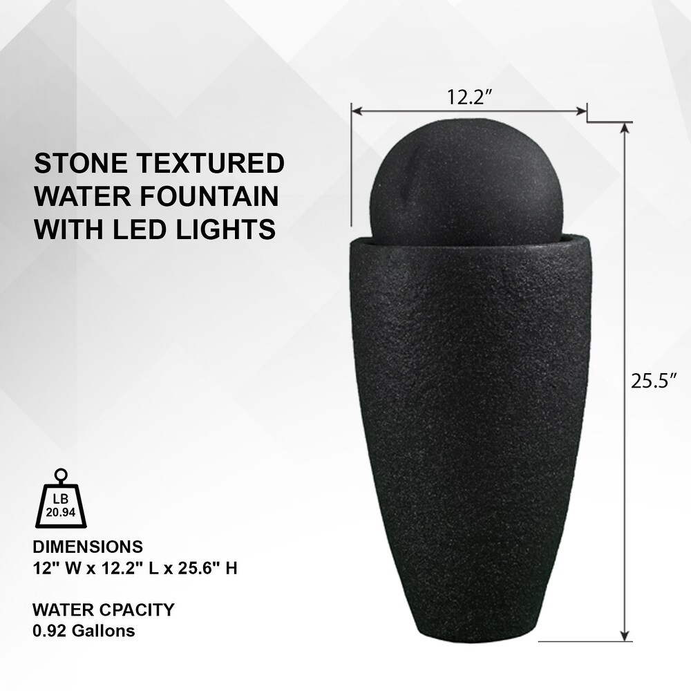 XBrand Modern Stone Textured Round Sphere Water Fountain  LED Lights  25.6 Inch Tall  Black