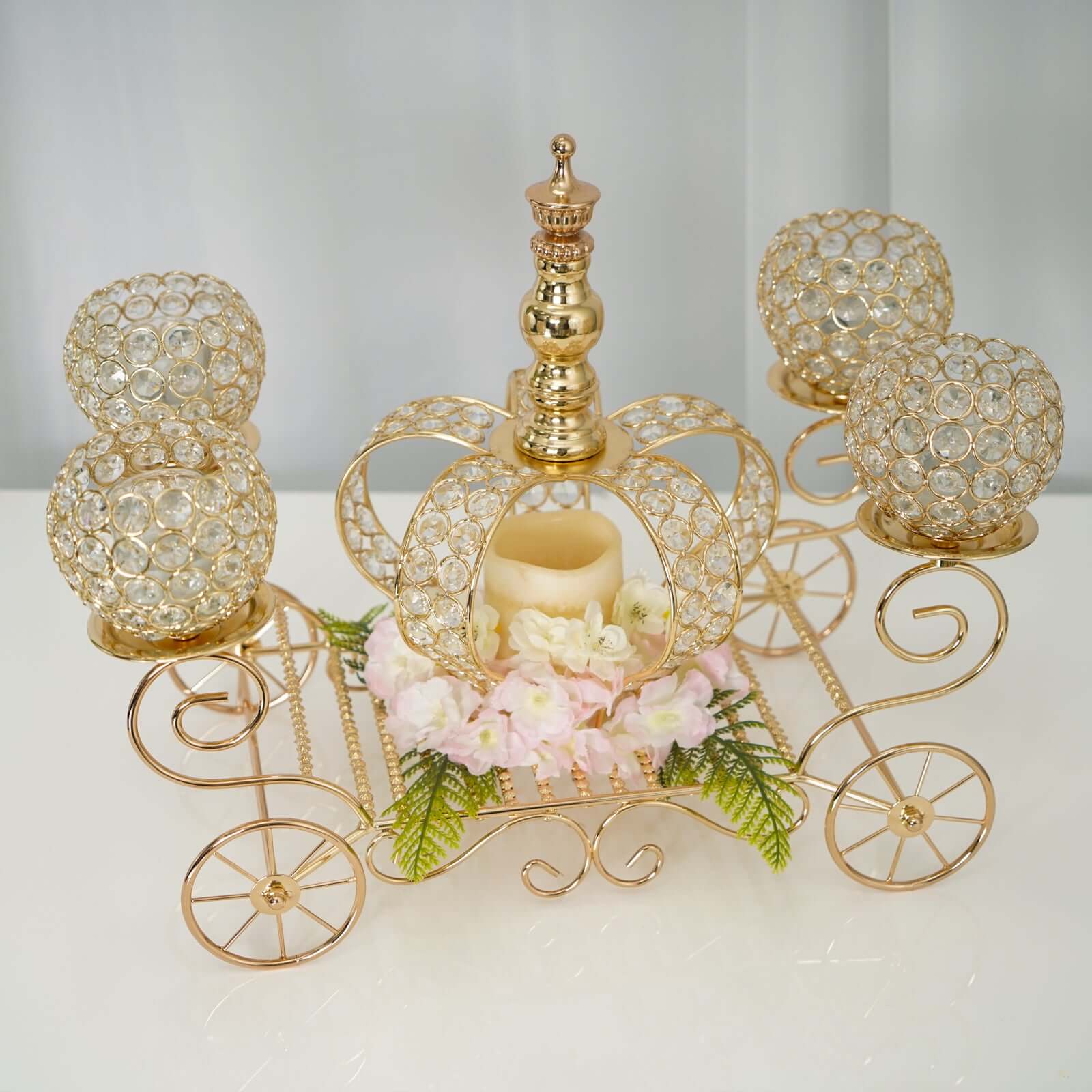 Gold Metal 4-Arm Crystal Cinderella Carriage Candle Holder Centerpiece 18