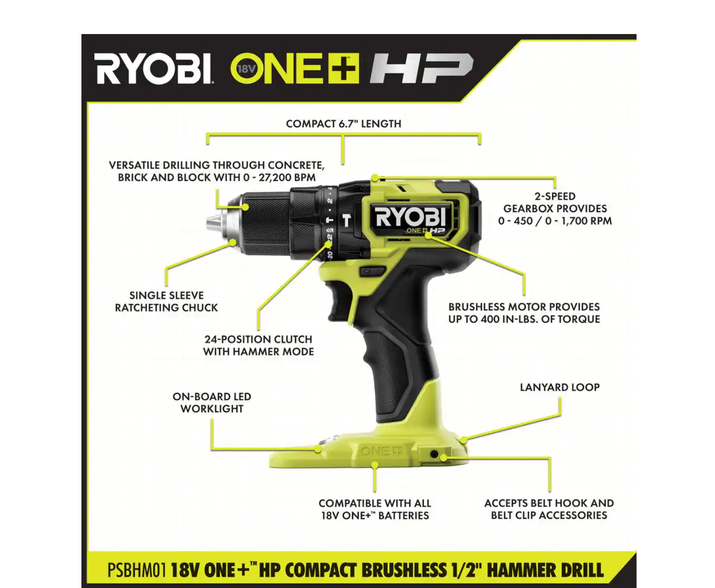 RYOBI PSBHM01B ONE+ HP 18V Brushless Cordless Compact 1/2 in. Hammer Drill (Tool Only)