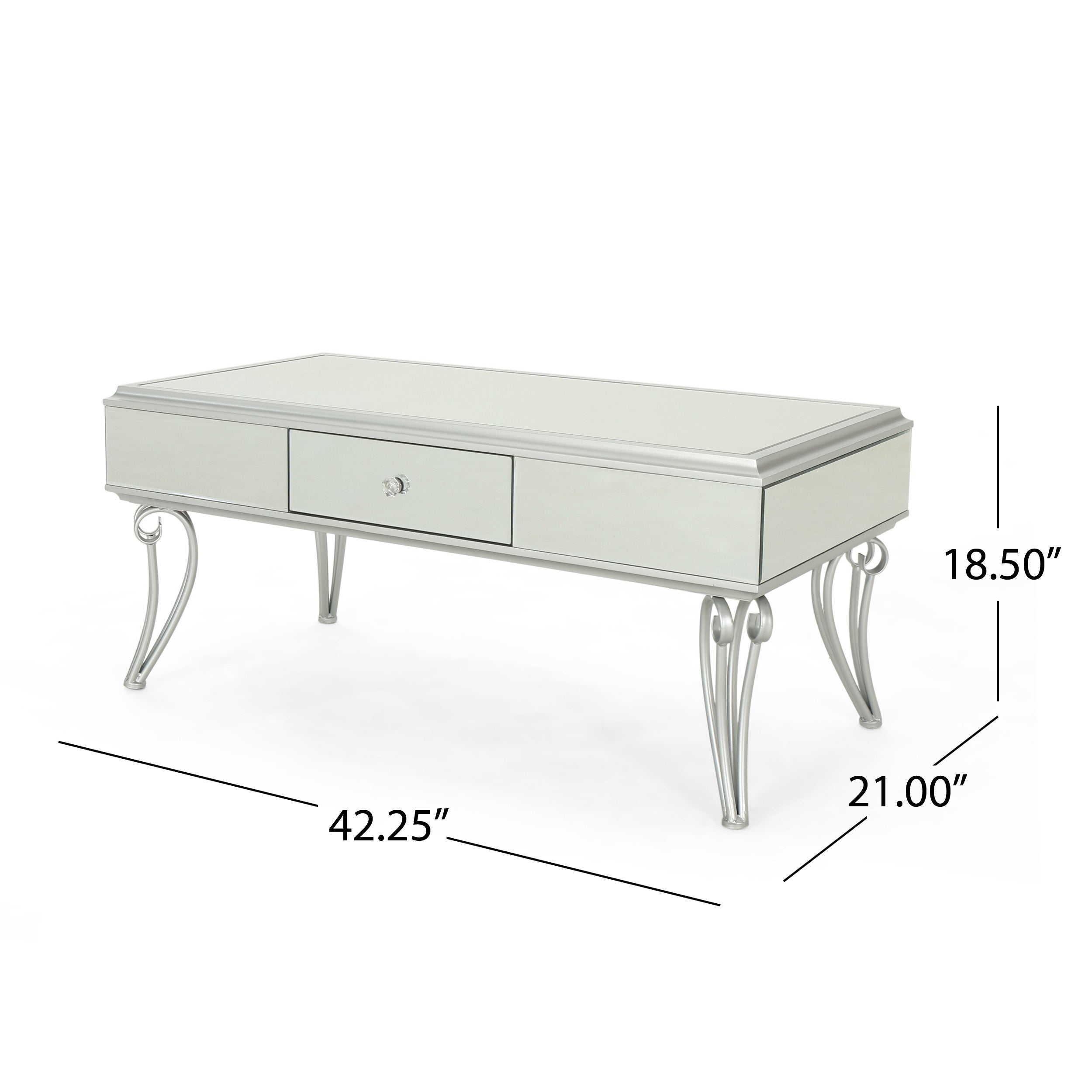 Ophelia Modern Mirrored Coffee Table with Drawer, Tempered Glass