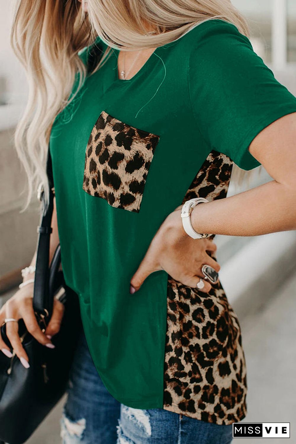 Green Leopard Printed Splicing T-Shirt