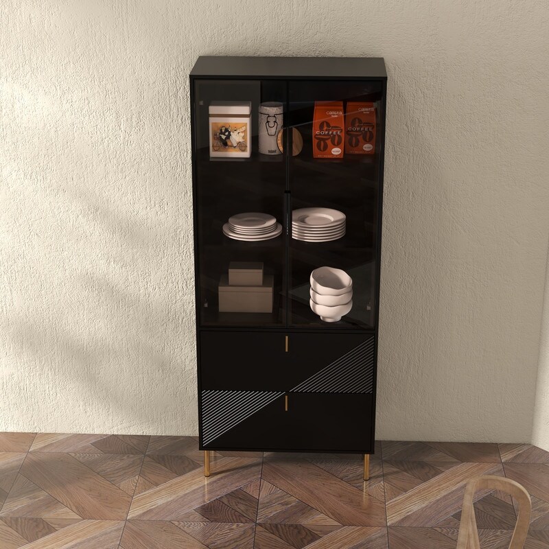 Wine Cabinet with Drawers and Doors  Black Gold High Wine Rack