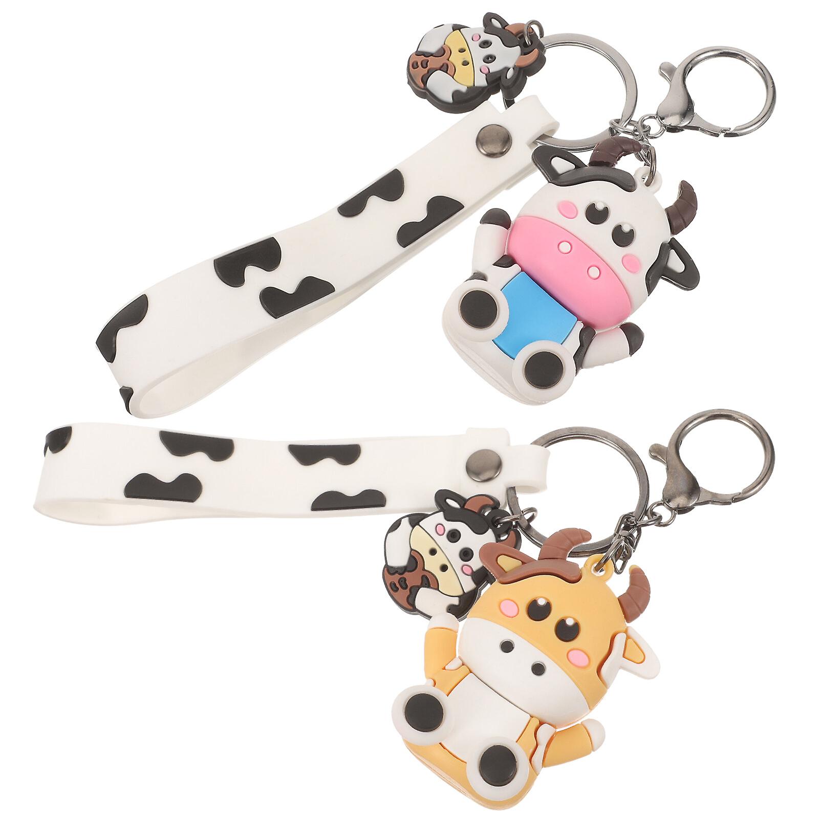 2pcs Cow Key Chain Cartoon Animal Key Rings Bag Pendant Hanging Decoration Couple Gift