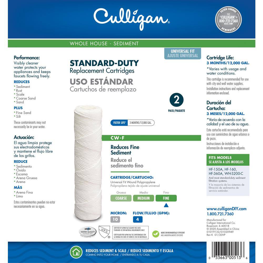 Culligan Universal 10-Micron Cord Wound Sediment Replacement Cartridge Water Filtration System CW-F