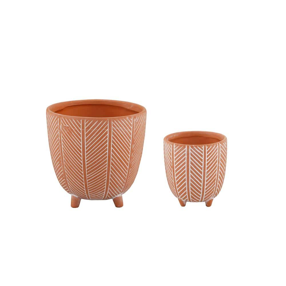 Flora Bunda 6 in. x 4 in. Terracotta Orange Chevron Ceramic Footed Pot (Set of 2) CT837E2-OR