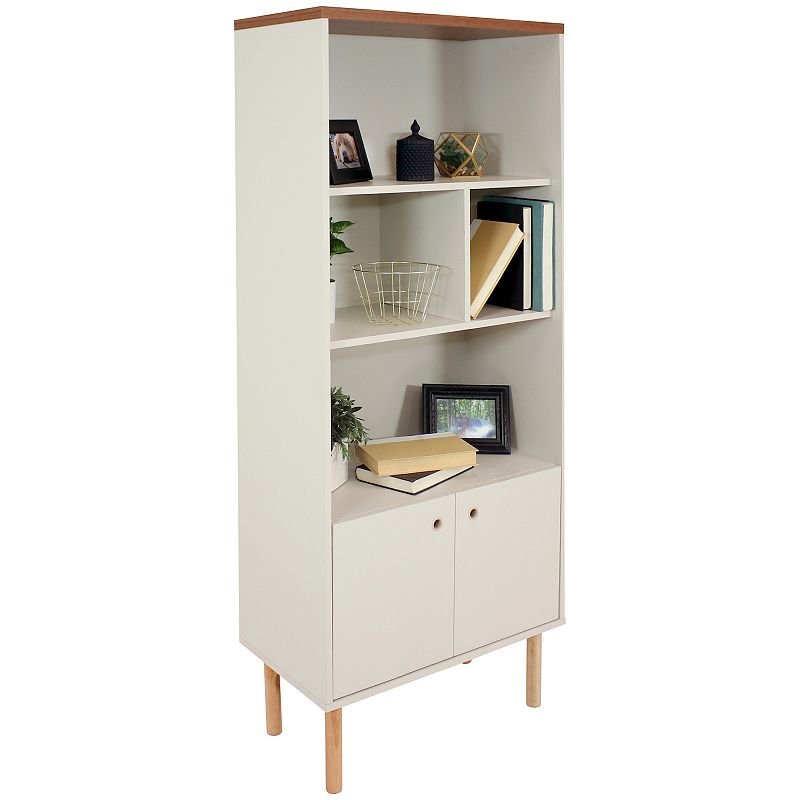 Sunnydaze Mid-Century Modern 5-Shelf Bookshelf with Storage Cabinet - Latte