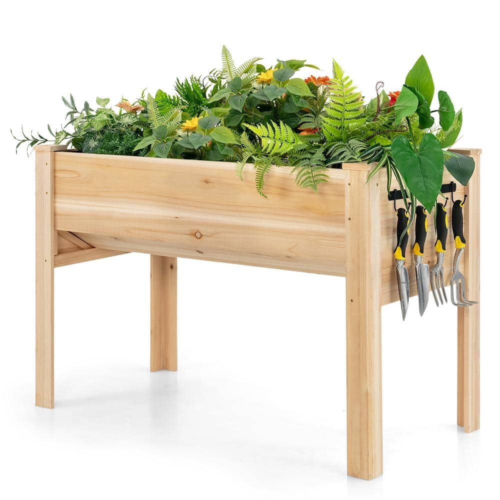 Costway 48 in. Wood Raised Garden Bed with Tool Hook Elevated Planter Stand with Funnel Design TH10008