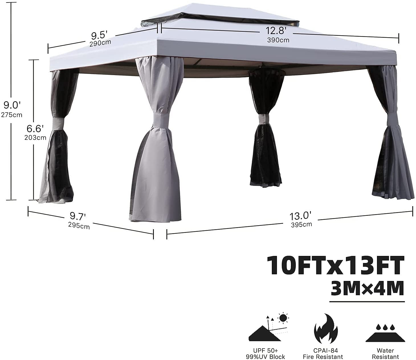 Patio Gazebo, 10x13Ft Gazebo for Patios Outdoor Gazebo with Mosquito Netting and Shade CurtainsSturdy Straight Leg Tent for Deck Backyard Garden, Grey