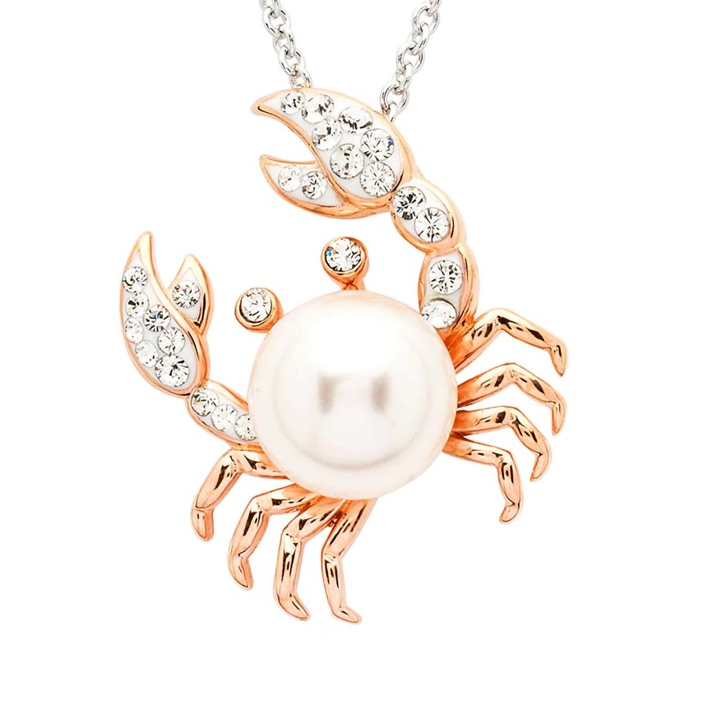 Ocean  Sterling Silver Pearl Crab Necklace with White Crystals and Rose Gold