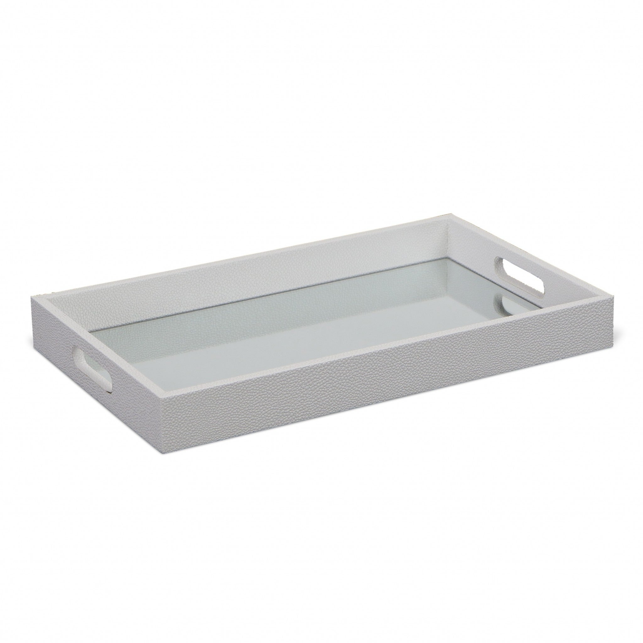 White Shagreen Tray with Beveled Mirror - 18 W x 14 D x 7 H