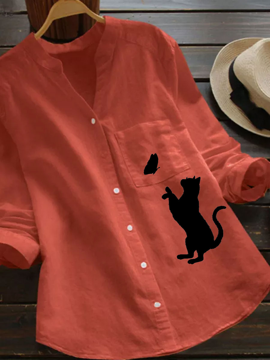 V-neck Casual Loose Cat Print Long-sleeved Blouse