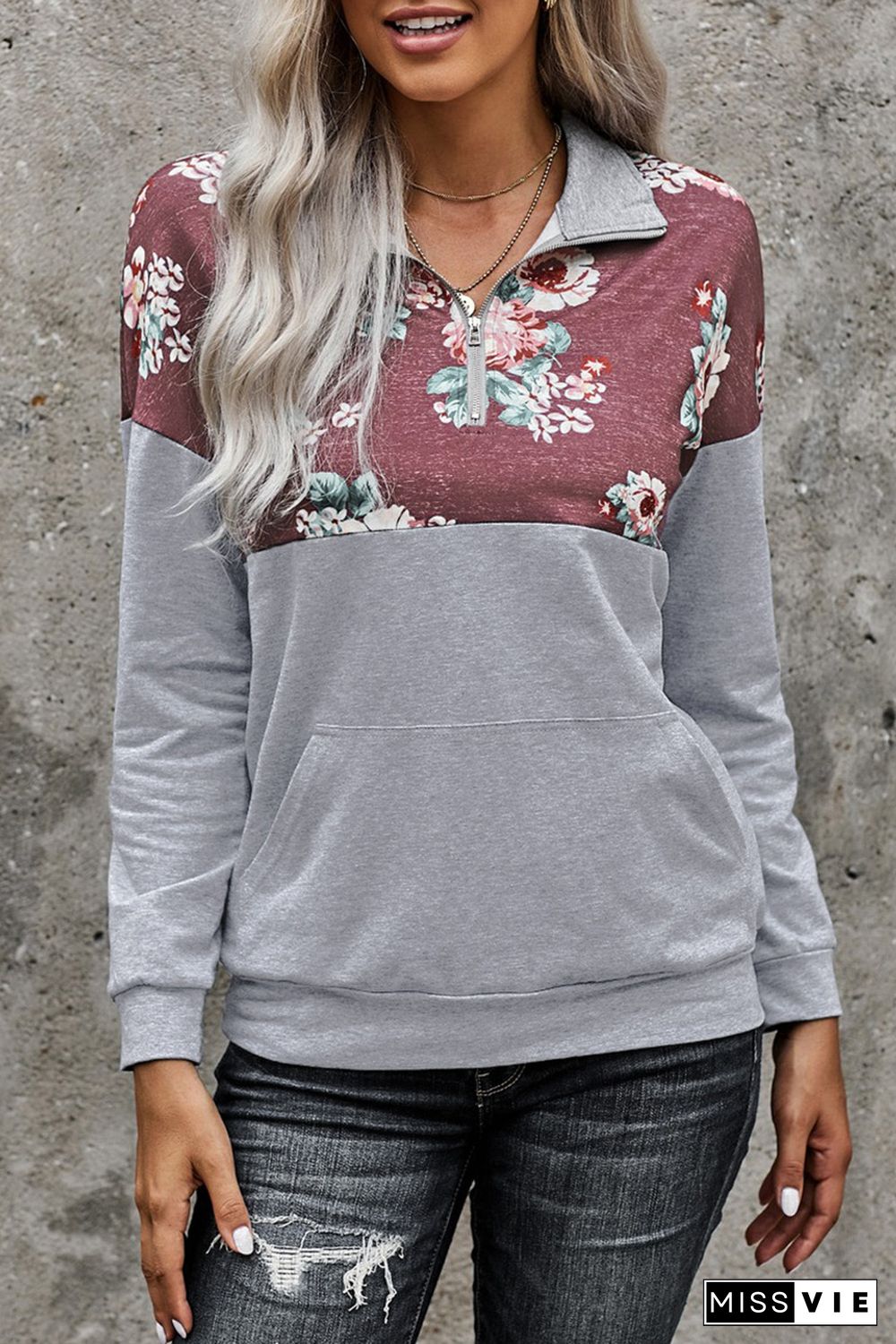 Floral Splice Grey Kangaroo Pocket Zip Collar Sweatshirt