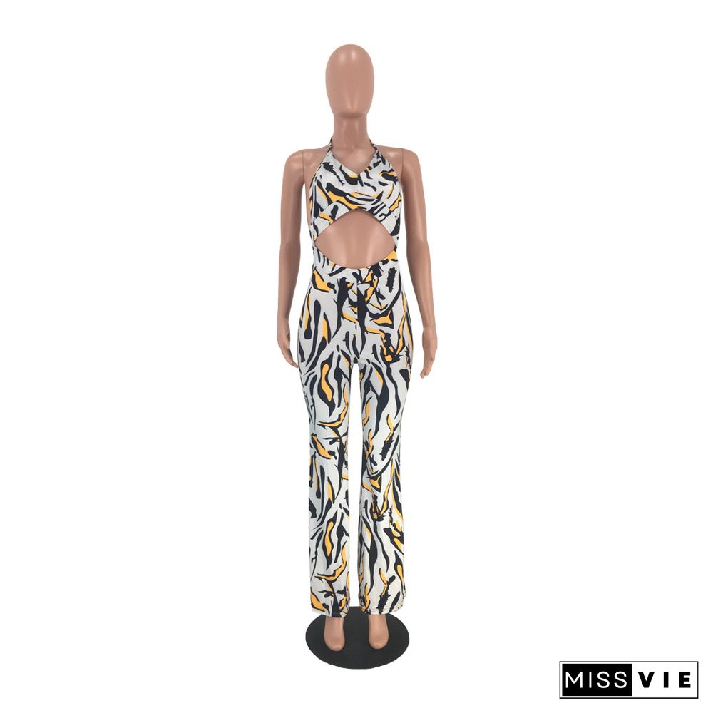 Sexy Hollow Out Printing Wide-legs Long Jumpsuit