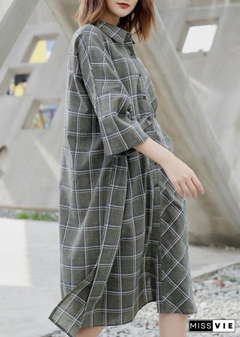 Women Spring Casual Plaid Cardigan Shirt Dress