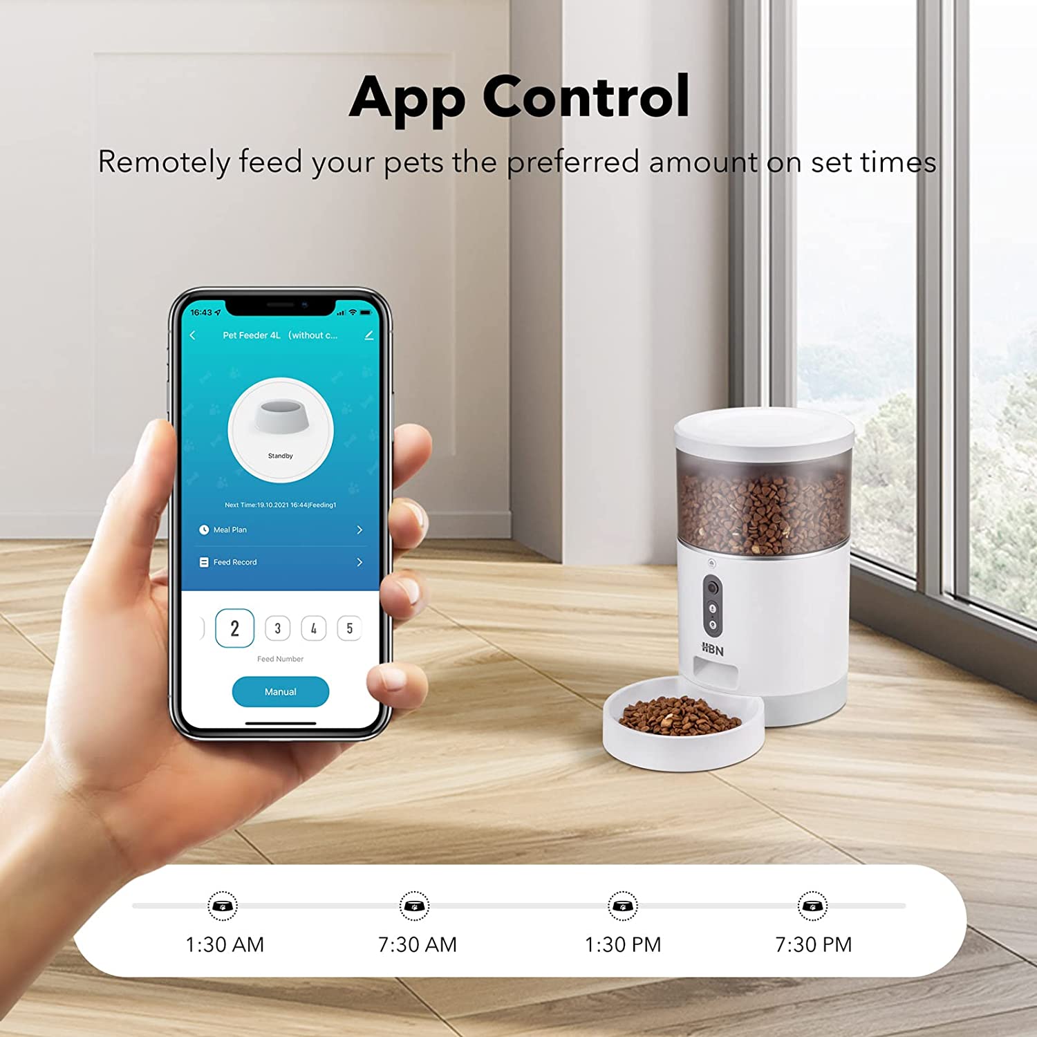 HBN Automatic Cat Feeder， 4L Smart Cats Dogs Feeder， Auto Pet Food Dispenser with Portion Control and Voice Recorder， 2.4G Wi-Fi Enabled App Control