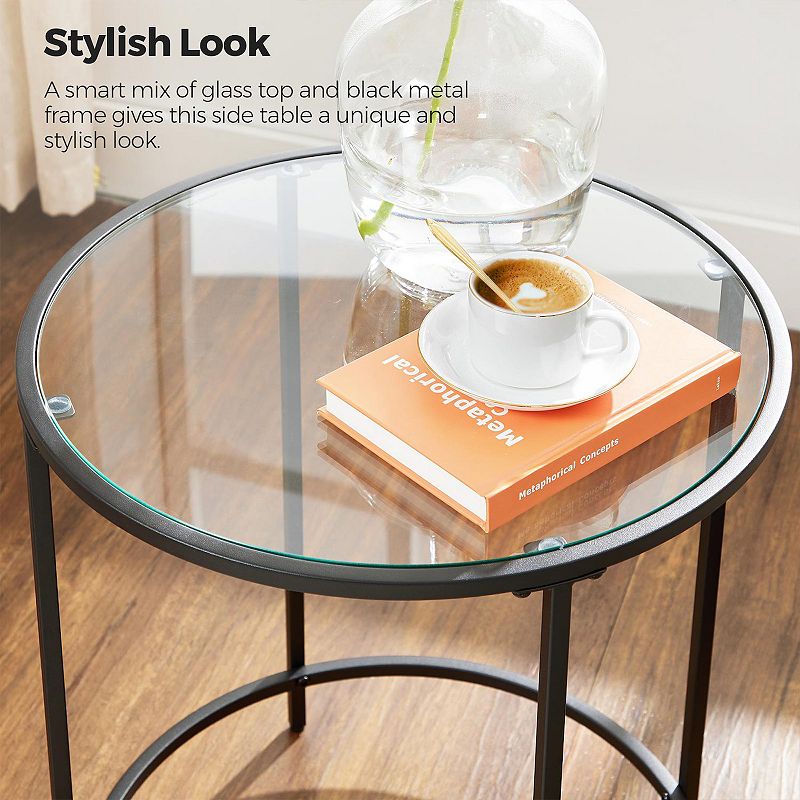 Round Side Table， Glass End Table With Metal Frame， Small Coffee Accent Table